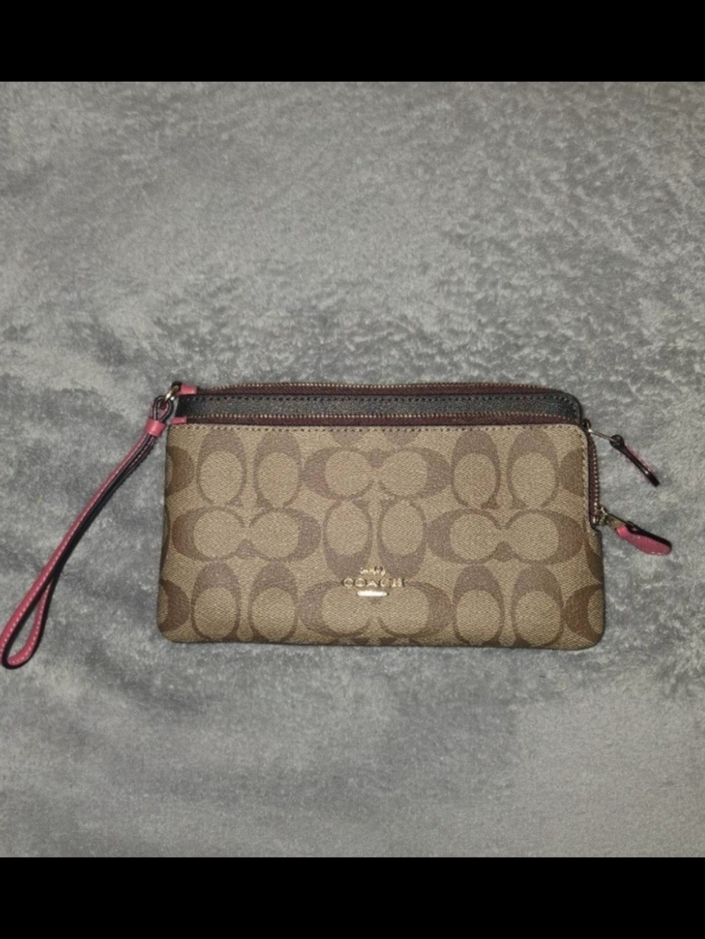 Coach Brown Signature Canvas Wristlet with Pink Trim